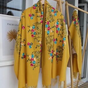 Cashmere Floral Pashmina Yellow Multicolored Large Shawl Scarf
